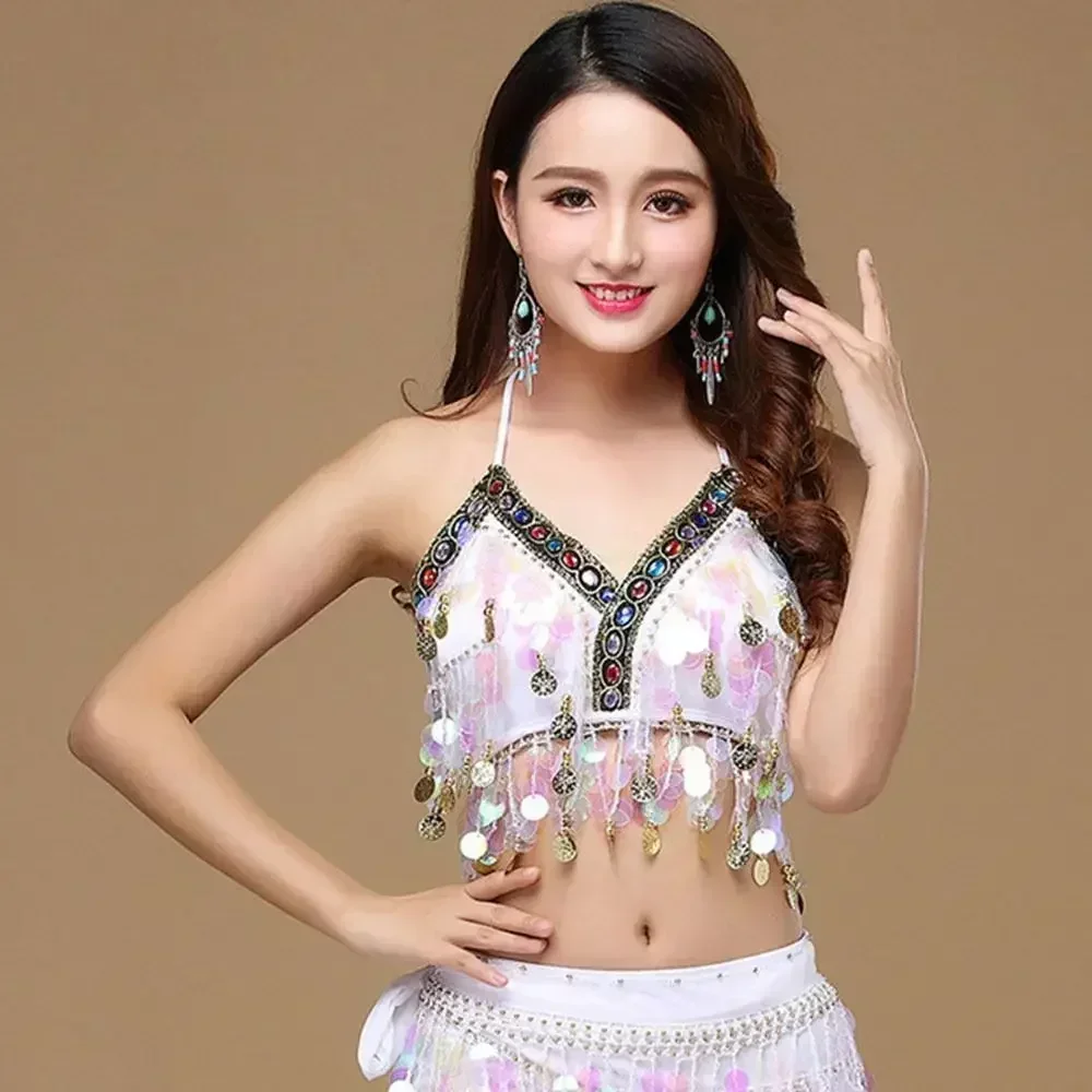 Tassel Halter Belly Dance Bra Nightclub Dance Wear Performance Sequin Tops