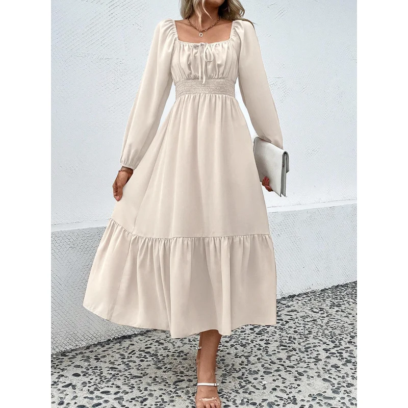 YQ1-المرأة الخريف الشتاء جديد الخصر مقصوص تنحنح كبير كم طويل ساحة الرقبة أنيقة ركاب فستان طويل