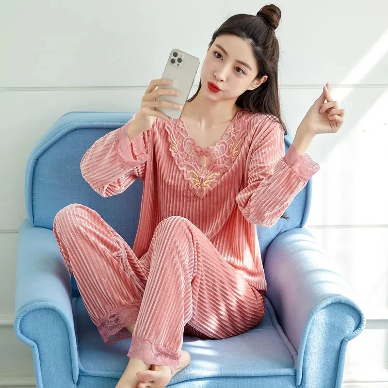 Velvet Lace Patchwork Pajama Sets Womens Spring Long Sleeve Sleepwear Casual Soft Pants Loungewear Suits Loose Nightwears