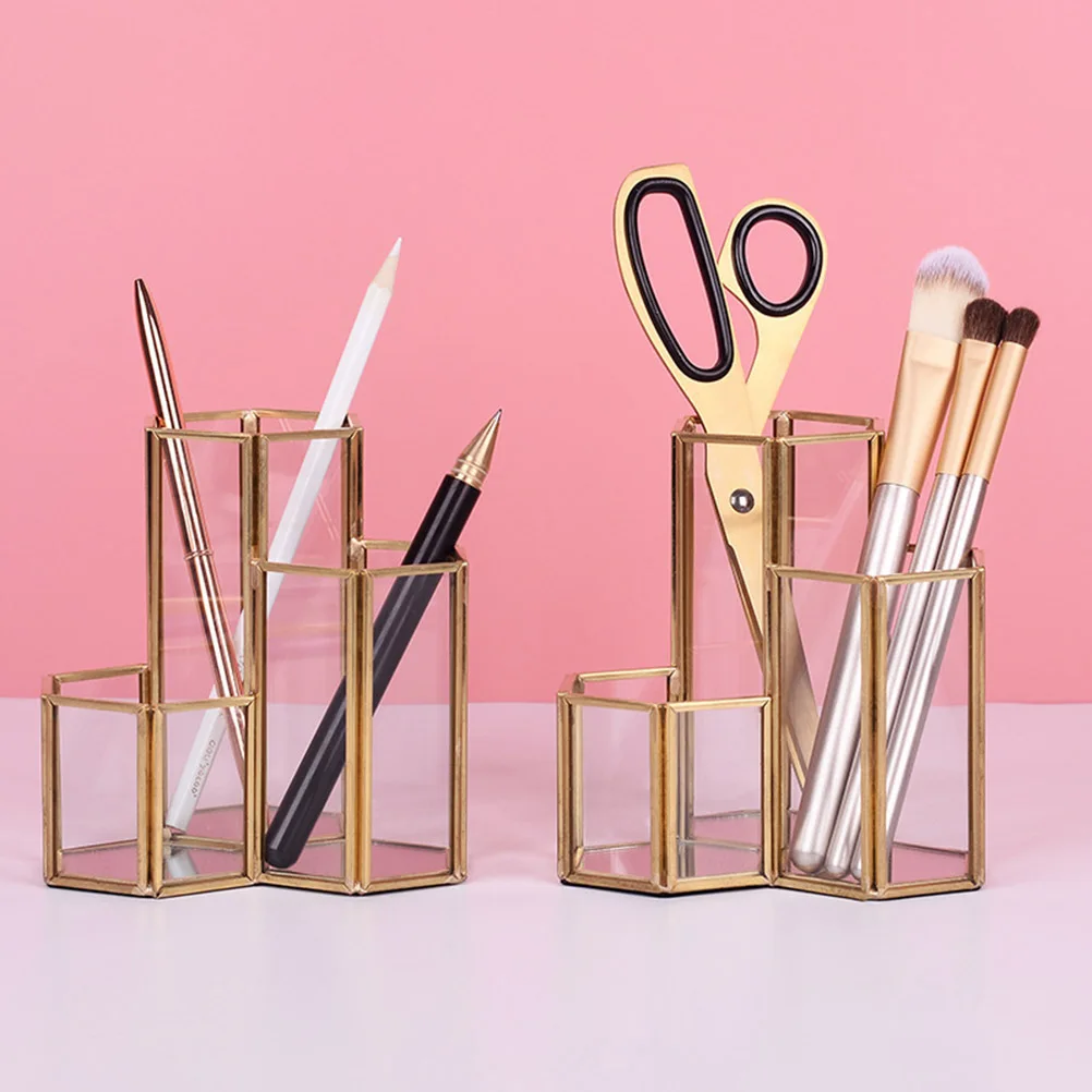 Glass Pen Container Hexagonal Nordic Gold Desktop Pencil Holder Pen Organizer Portable Pencil Container