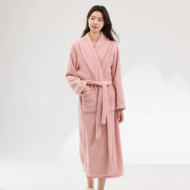 

Womens Solid Coral Fleece Kimono Bathrobe Ladies Fleece Plush Warm Bath Robe Long Robes Winter Think Warm Nightgown Sleepwear