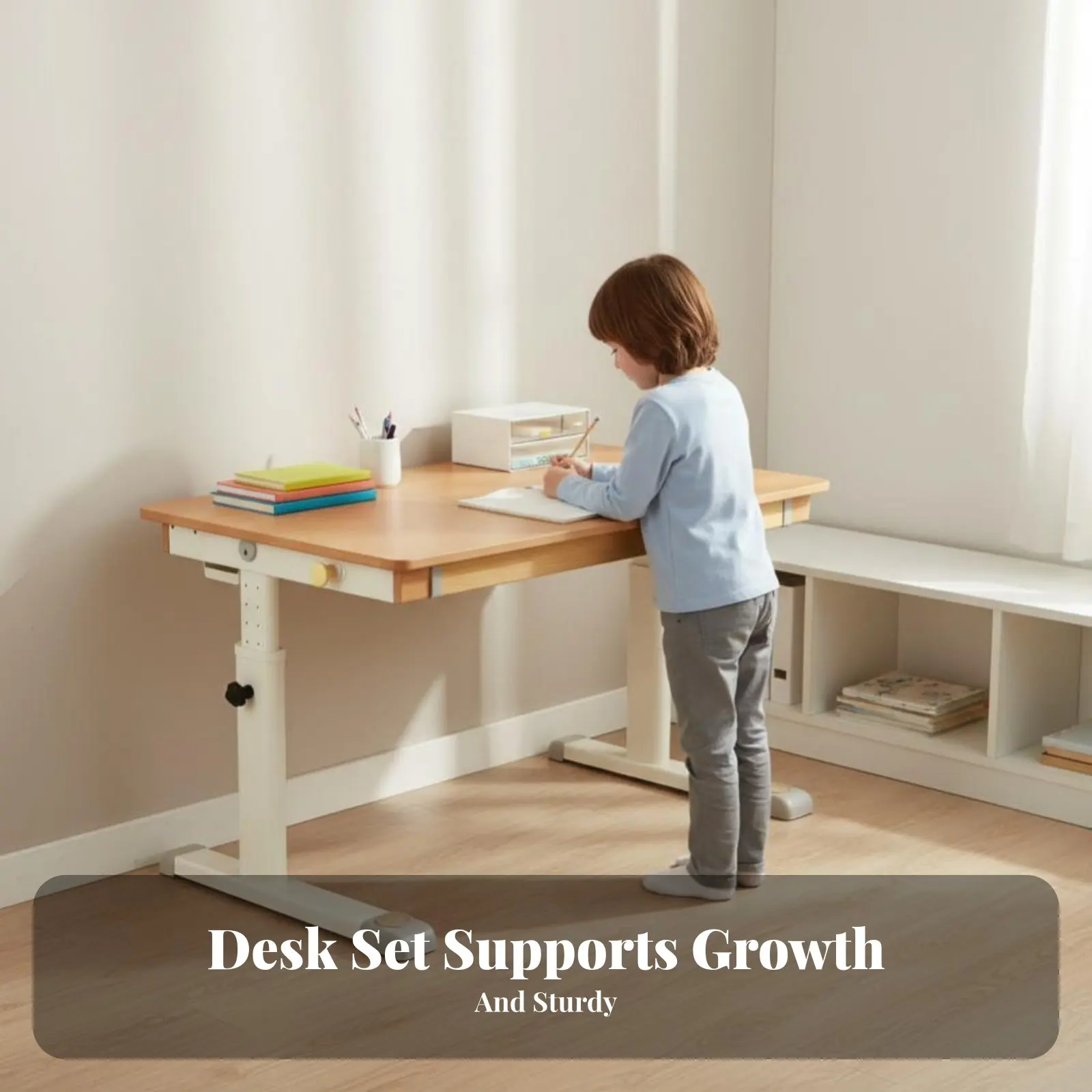 Adjustable Desk and Chair Set Rounded Corners Height-Adjustable Study Station With Storage Drawer Includes Bookstand for Parents