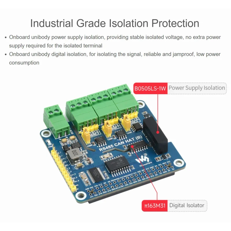 Isolated RS485 CAN HAT (B) for Raspberry Pi 2-Ch RS485 and 1-Ch CAN Multi Protections