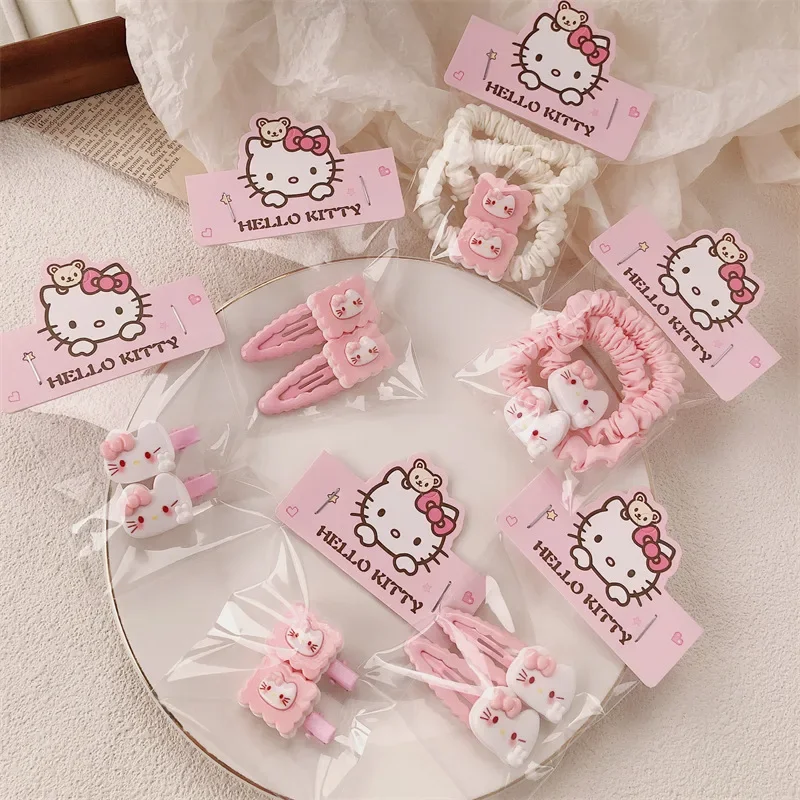 Sanrios Anime Kawaii Toy HellokittysPink Hair Accessory Set Soft and Cute Hair Tie Duckbill Clip Hair Clip Bangs Clip Gifts