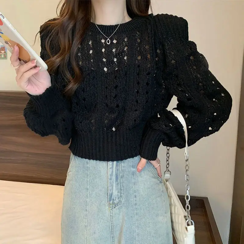 Loose Hollow Out Sweaters Women Simple Cropped Chic Leisure Korean Style Fashion Cozy Streetwear All-match Gentle Knitwear Y2k