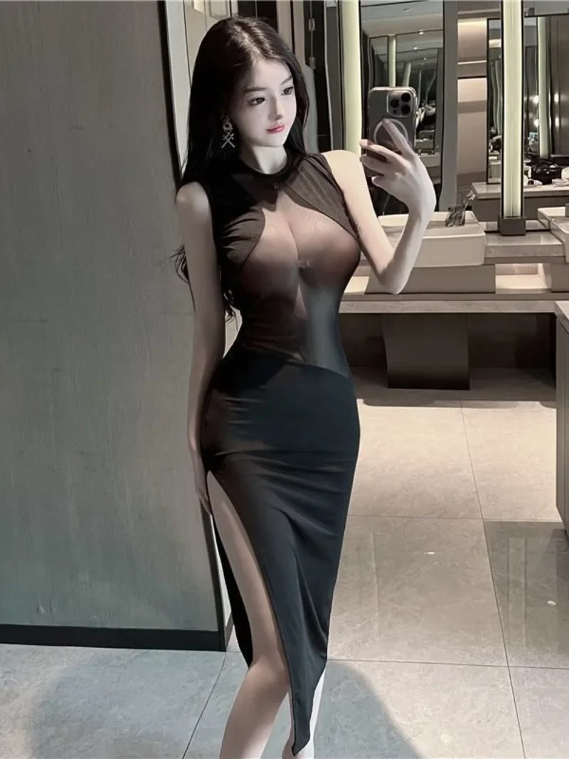 

Summer Women's Sexy Perspective Card Shoulder Dress Spicy Girl Black Temptation Nightclub Wrap Hip Side Split Long Dress 9981