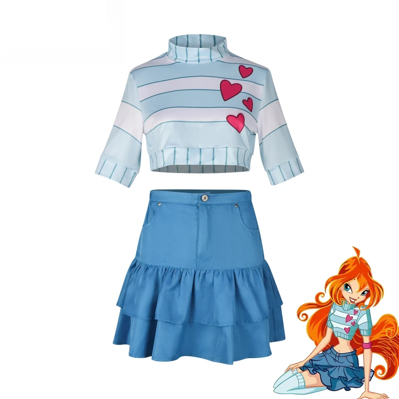 

Bloom Anime Cartoon Fairy Cosplay Blue Striped High Neck Crop Pleated Skirt for Girl Women Party Carnival Uniforms