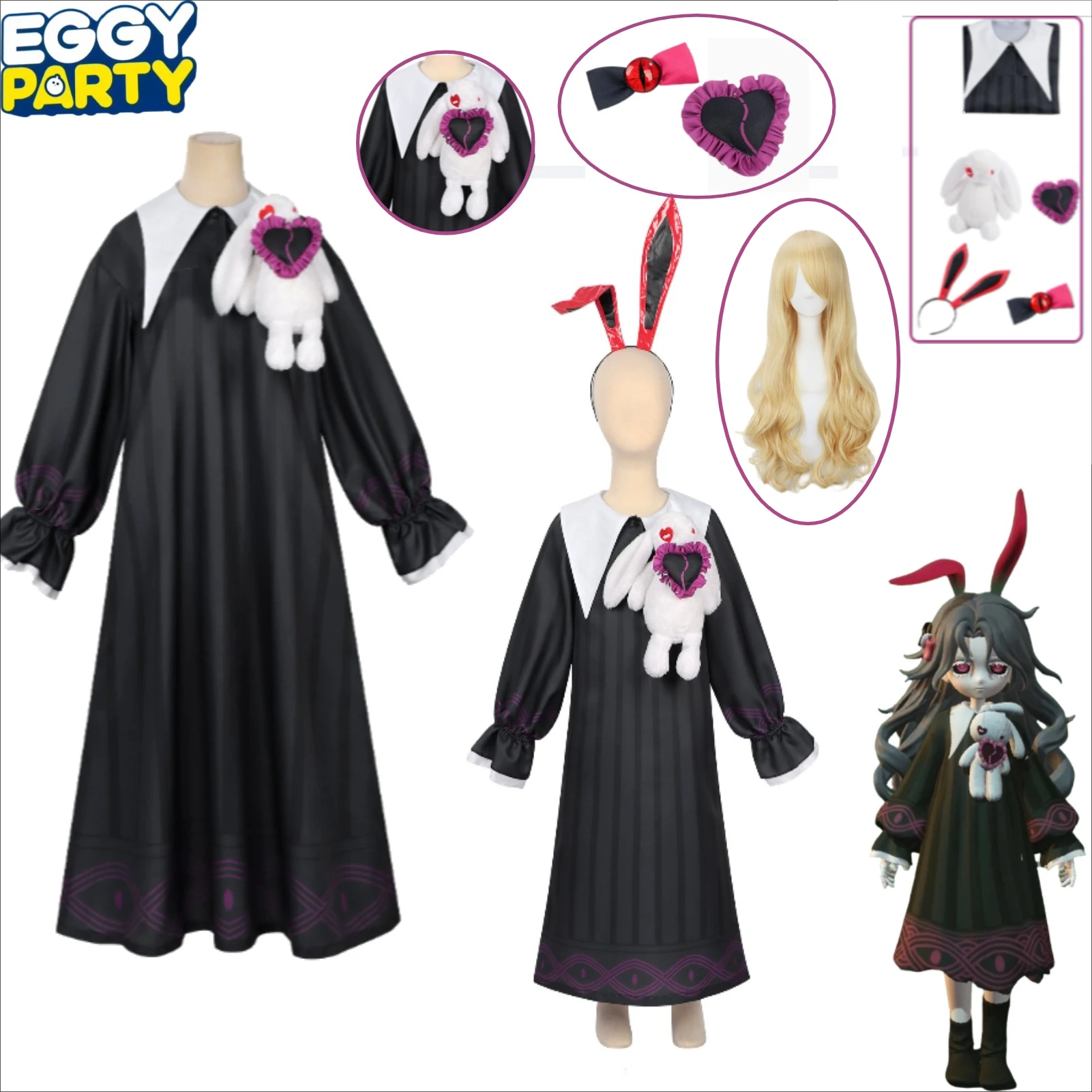 

Dorothy Cosplay Costume Eggy Party Escape NightBlack Cute Dress Bunny Ears Plush Toy Hair Clips Wig Set Game Cth for Adults Kids