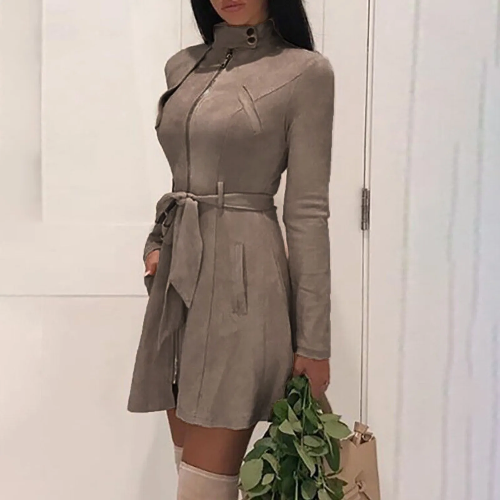 

Women Autumn Long Sleeve Stand Collar Dress Zipper Slim Waist Belt Solid Plush Coat Party Dresses Women Chic Clothing Outwear