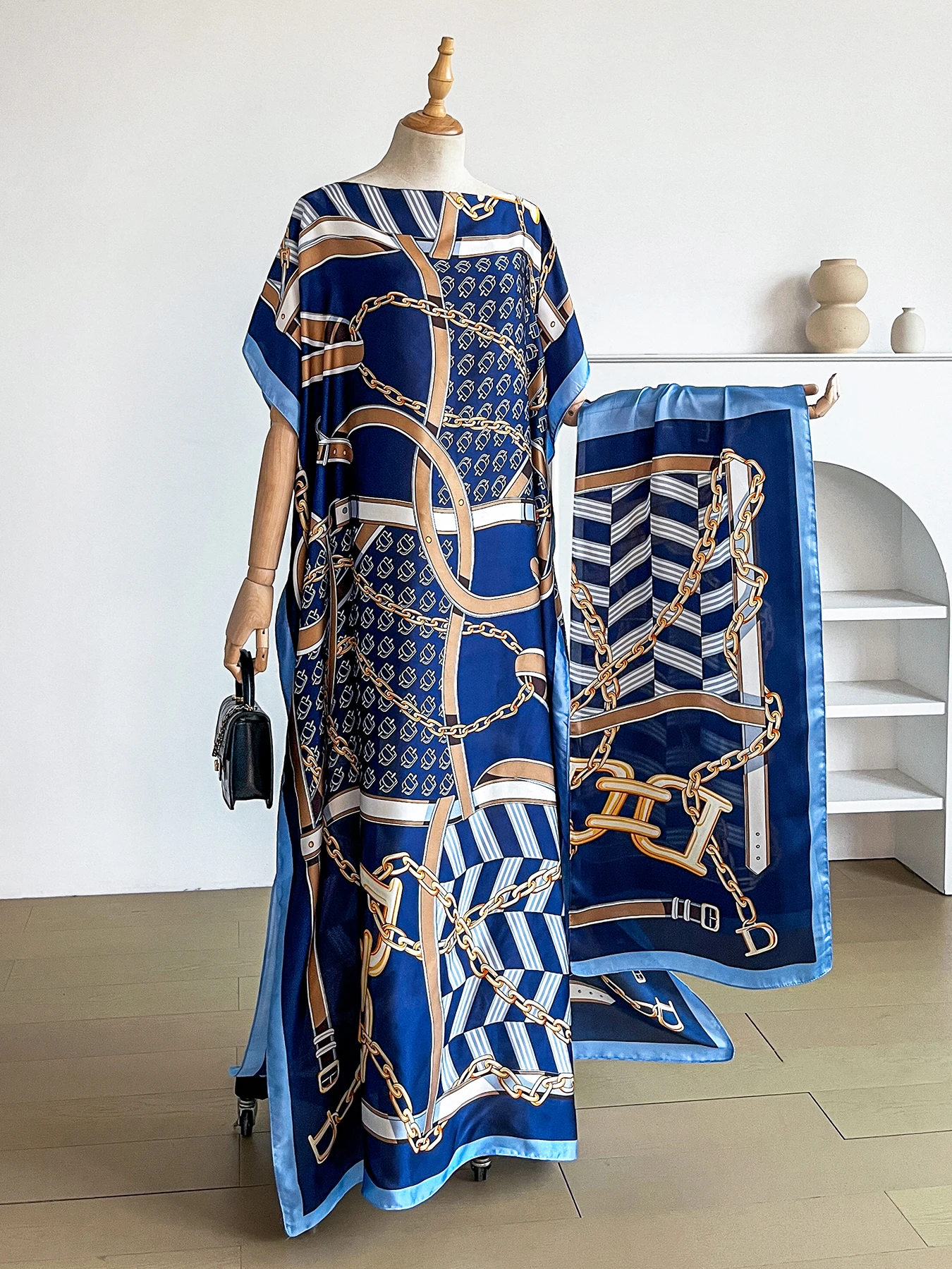 Popular Chain Print Boat Neck Modest Dress Elegant Batwing Sleeve Loose Maxi Dress With Hijab African Women's Clothing view 3