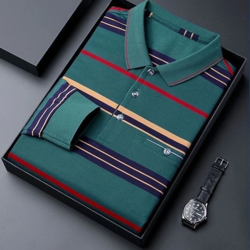 Loose Fit Men’s Striped Polo Shirt Long Sleeve Casual Collar Blouse for Middle Aged Dads Autumn Outdoor Home Wear