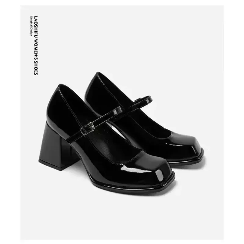 Mary Janes Vintage Black Sandals Woman Buckle Non-Slip Casual Medium Heels Office Ladies Solid Elegant Heels Korean 2024 Summer