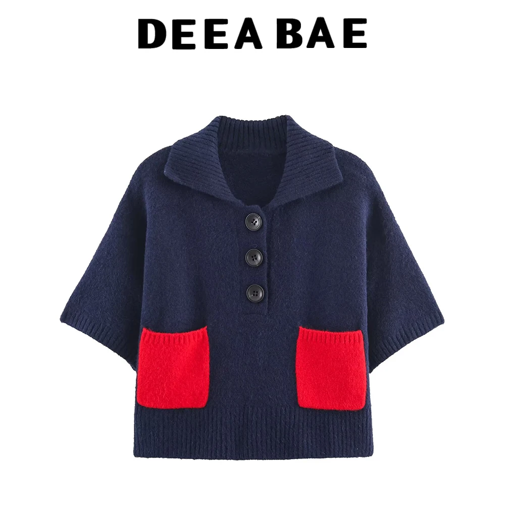 

DEEABAE корейский стиль тяжелой промышленности карманный свитер контрастного цвета с лацканами для женщин осенний новый дизайн вязаный свитер