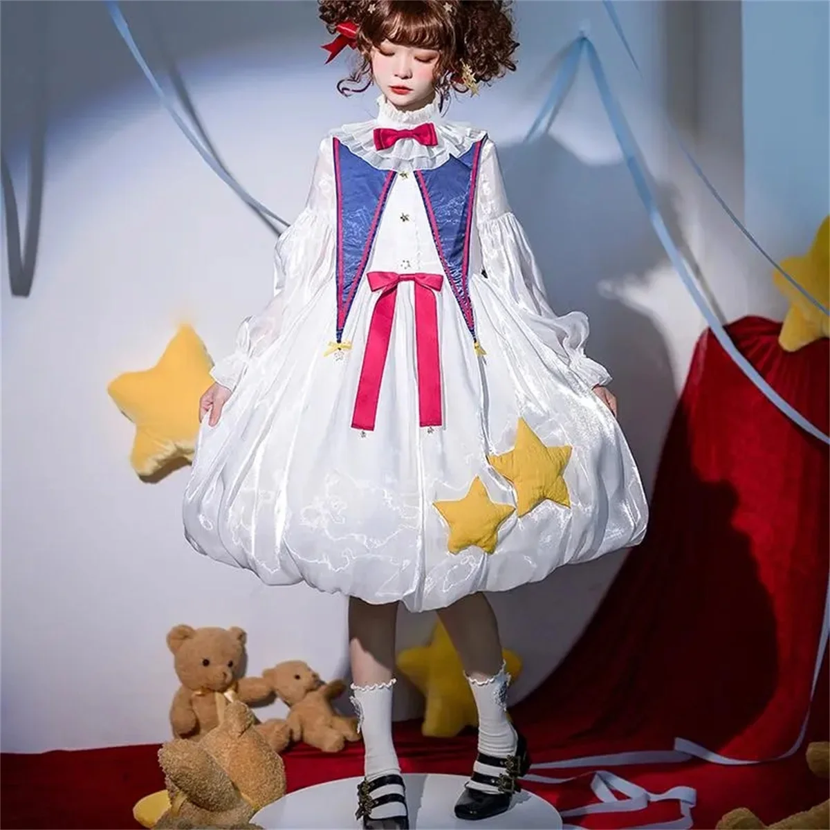 Japanese Style Lolita Cosplay Fantasy Fairy Tale Sweet Girl Mesh Star Bow Doll Collar Puff Sleeves Button Belt Flower Dress