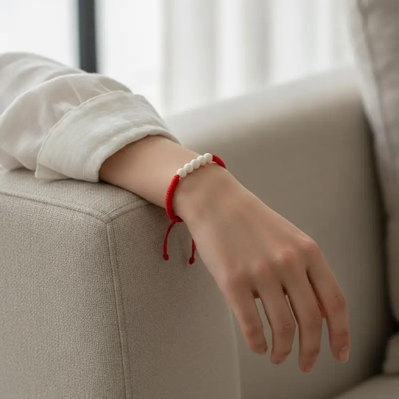 1 Pcs Handmade Red Braided Lucky Bracelet With Five Smooth White Jade Beads Adjustable Knot Perfect For Daily Wear Gifting