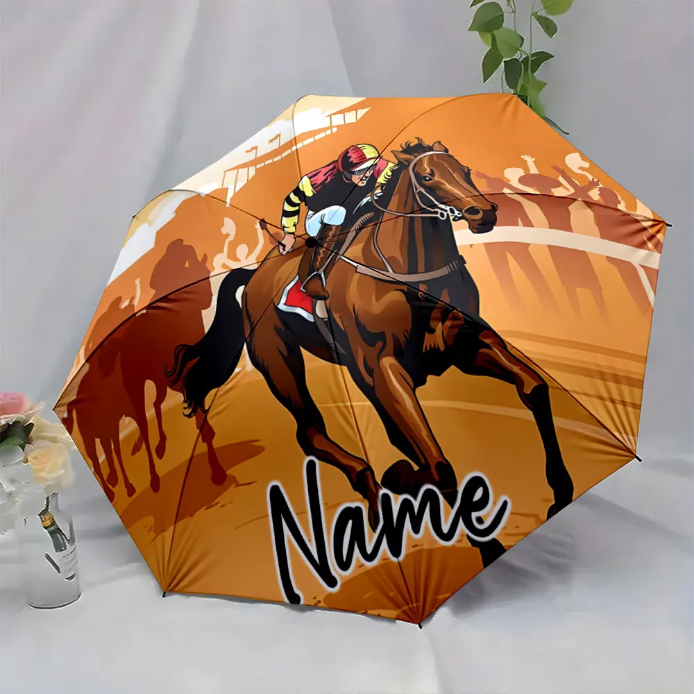 Custom Name Racing-Themed Umbrella for Horse Lovers Print 8 Iron Ribs Folding Umbrella, Auto-Open Fashion Sunshade