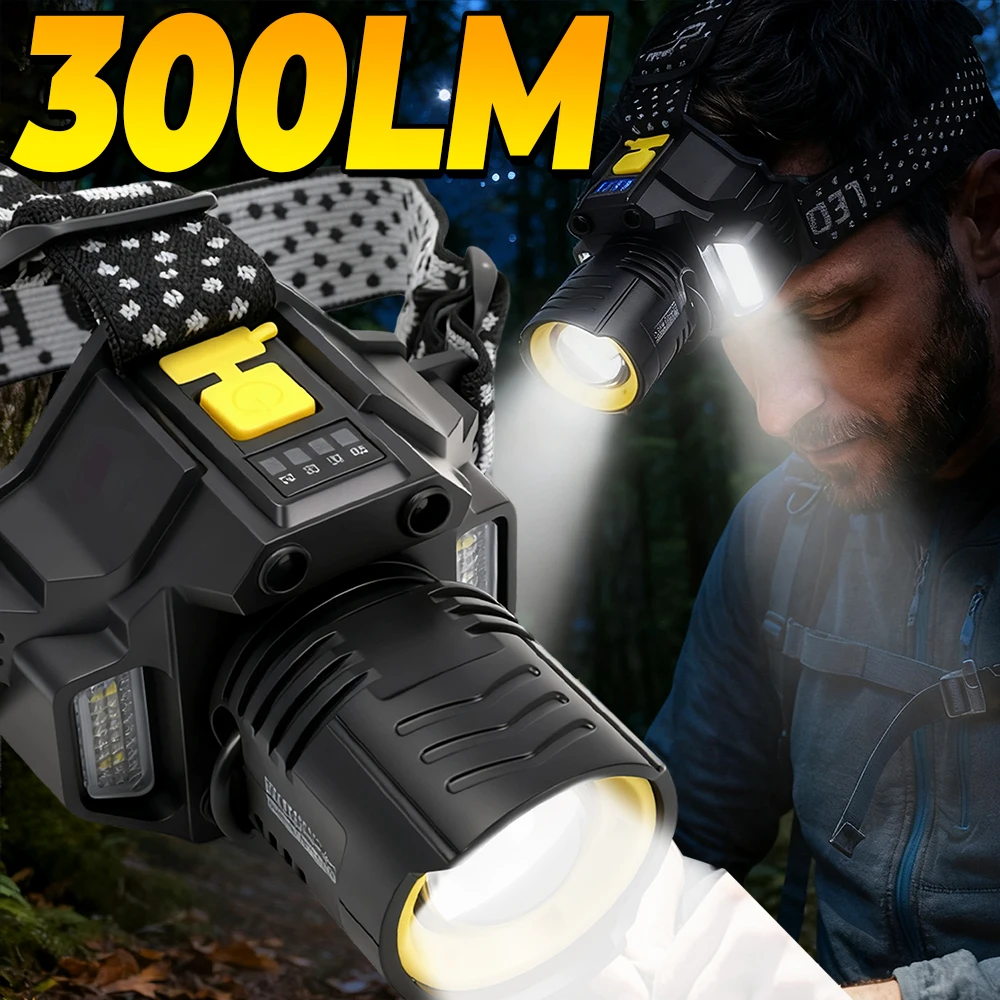 

300LM Высокояркий светодиодный налобный фонарь Перезаряжаемый двойной свет с зумом Долговечный водонепроницаемый налобный фонарь для походов на открытом воздухе Рыбалка