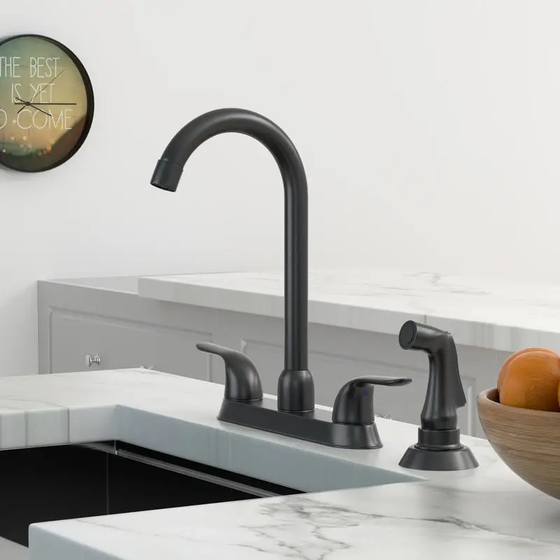 

Matte Black Kitchen Sink Faucet with Two Handles and Pull-Out Spray Head, 4-Hole Installation