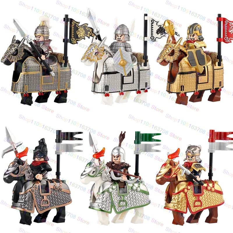 MOC Three Kingdoms Soldiers Horses Building Blocks Anime Games Mech Characters Warriors Gothic Mountain Shield Swords Child Gift