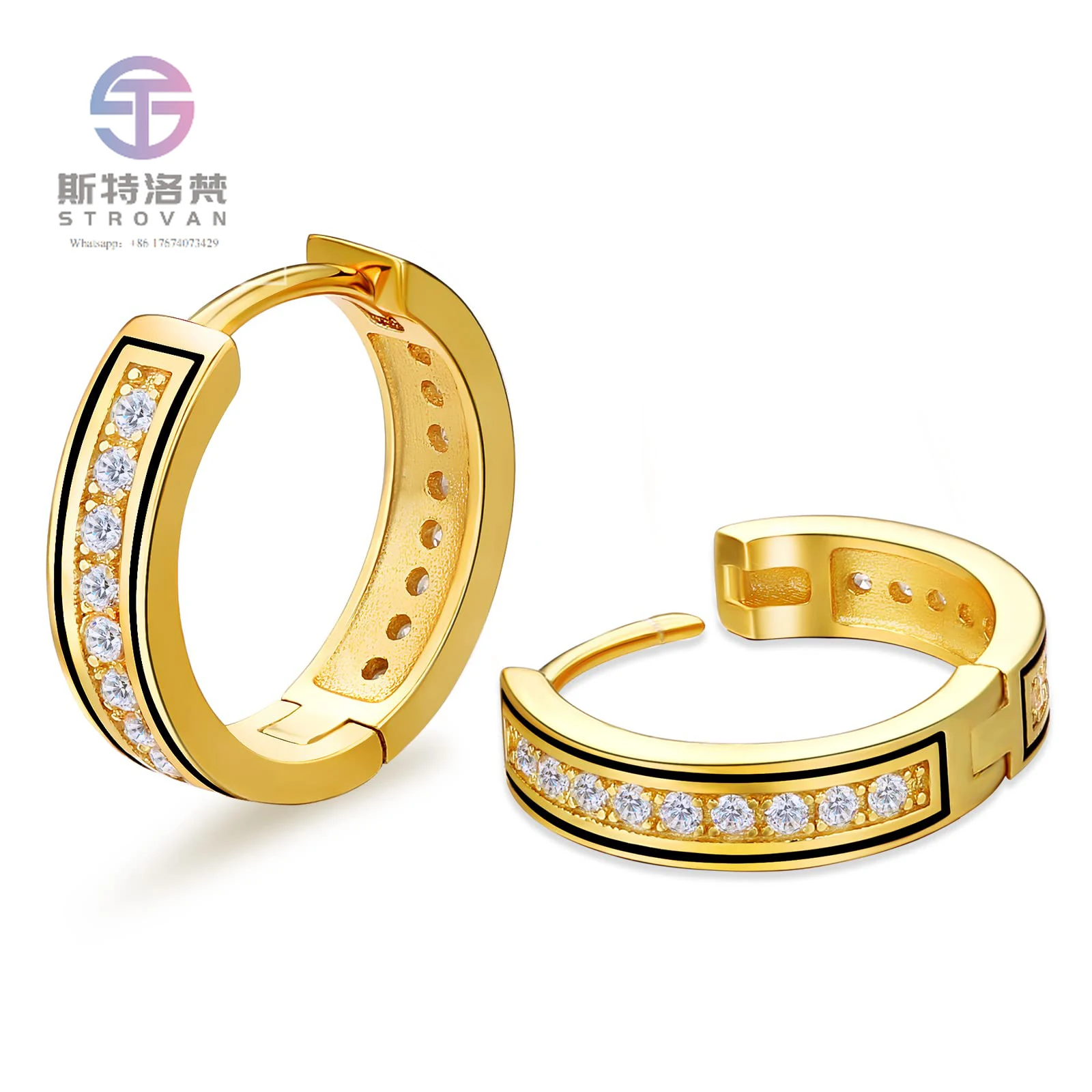 

14K Gold Plated Round Hoop Iced Out Men Women Fine Jewelry Gift 925 Sterling Silver Zirconia 5A CZ Diamond 15mm Huggie Earrings