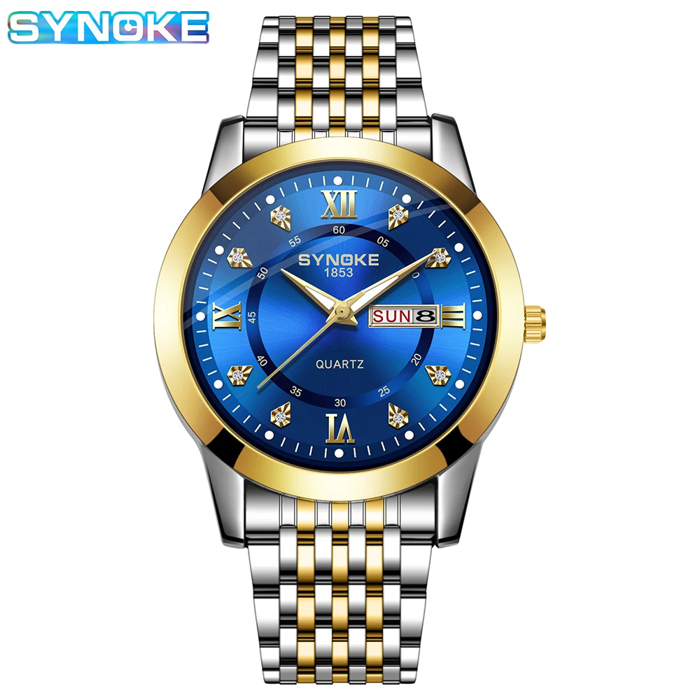 SYNOKE Non Automatic Movement Luminous Sports Waterproof Quartz Watch round Pointer Glass Calendar Business Quartz Watch For Men