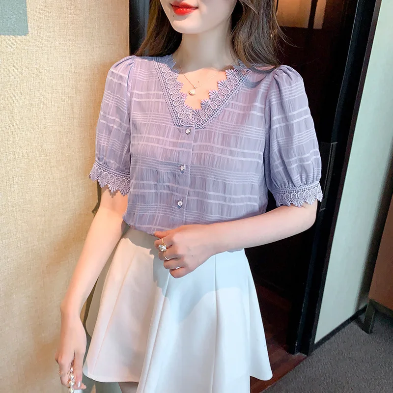 New 2024 Summer Office Shirt Womens Blouses V-Neck Vintage Work Casual Tops Chiffon Blouse Elegant Short Sleeve Loose Shirt