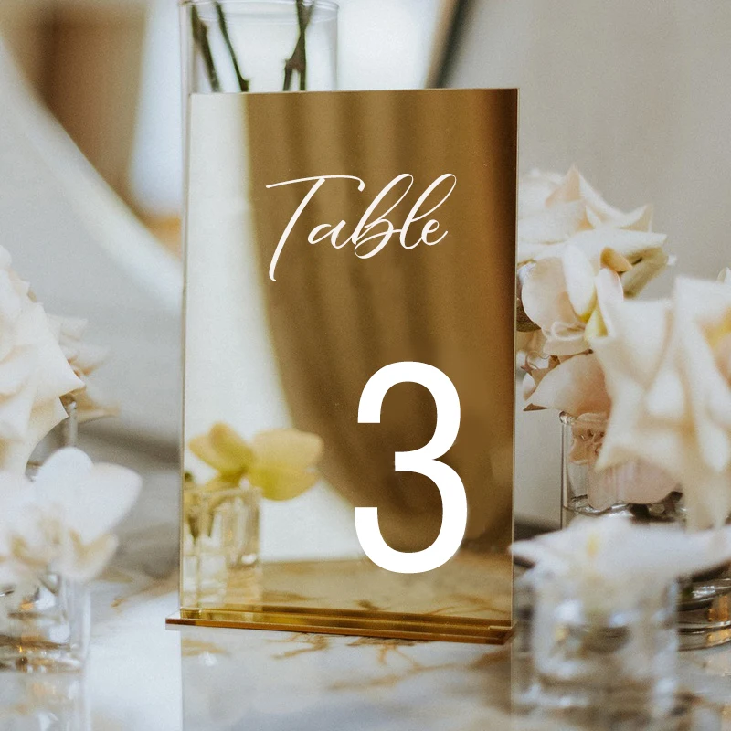 Custom Gold Table Number Holder Rectangle Gold Mirror Acrylic Wedding Table Numbers Wedding Decoration Table Signage