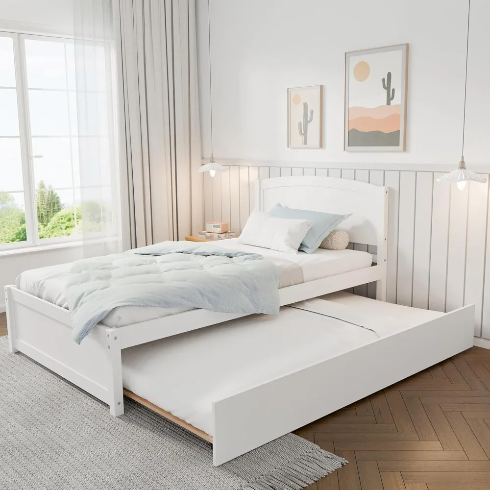 

Daybed with Trundle, Twin Size Pull Out Bed, Solid Wood Extendable Day with Trundle Bed Twin, Include Slat Support (White, Trund