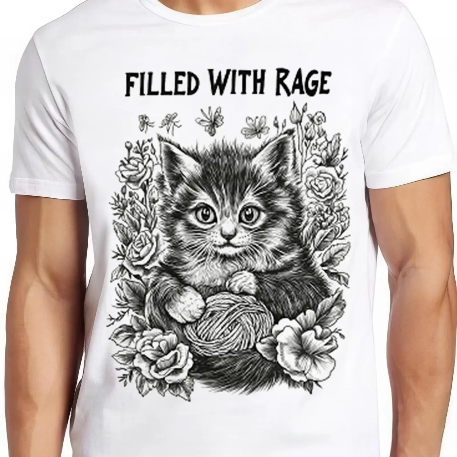 Filled With Rage Cute Kitten Floral T shirt Funny Cat Meme for Lovers Humorous Casual  vintage Washed Slightly Breathable