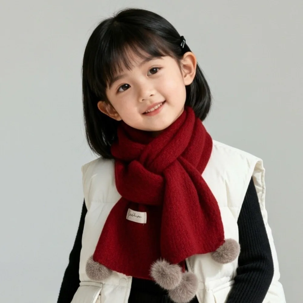 Gifts Knitted Kids Pom Pom Scarf Solid Warm Kids Winter Scarf Pom Pom Detail Children Knitted Scarf New Year Outfits