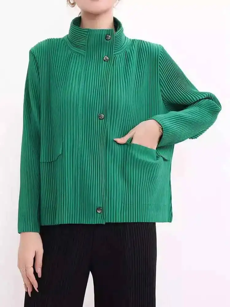 Pleated Stand Collar Jackets Women Full Sleeve Stand Collar Buttons Spliced Pockets New 2026 Versatile Clothing 17GIZIK