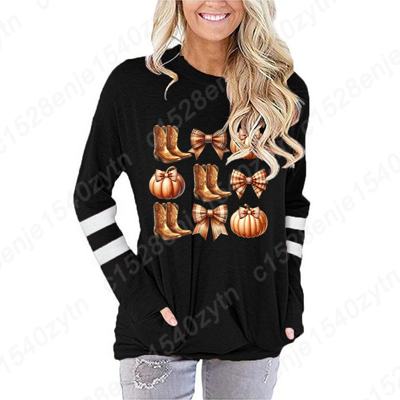 Autumn And Winter Plus Size Fashion Tops Fall Pumpkin Boots Bow Long Sleeve Shirts Ladies Round Neck Pullovers Women Sweatshirts