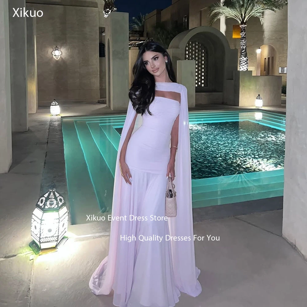 

Xikuo Pink Strapless Evening Dresses A Line Floor Length Ruched Vestidos De Gala High Quality Chiffon Prom Gowns Customized