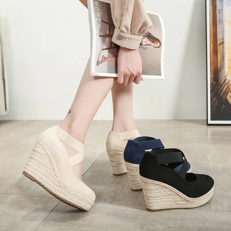 New Women\'s Wedges Shoes Spring Autumn Round Head Fashion Platform High Heels Cross with Single Shoes Straw Zapatos De Mujer