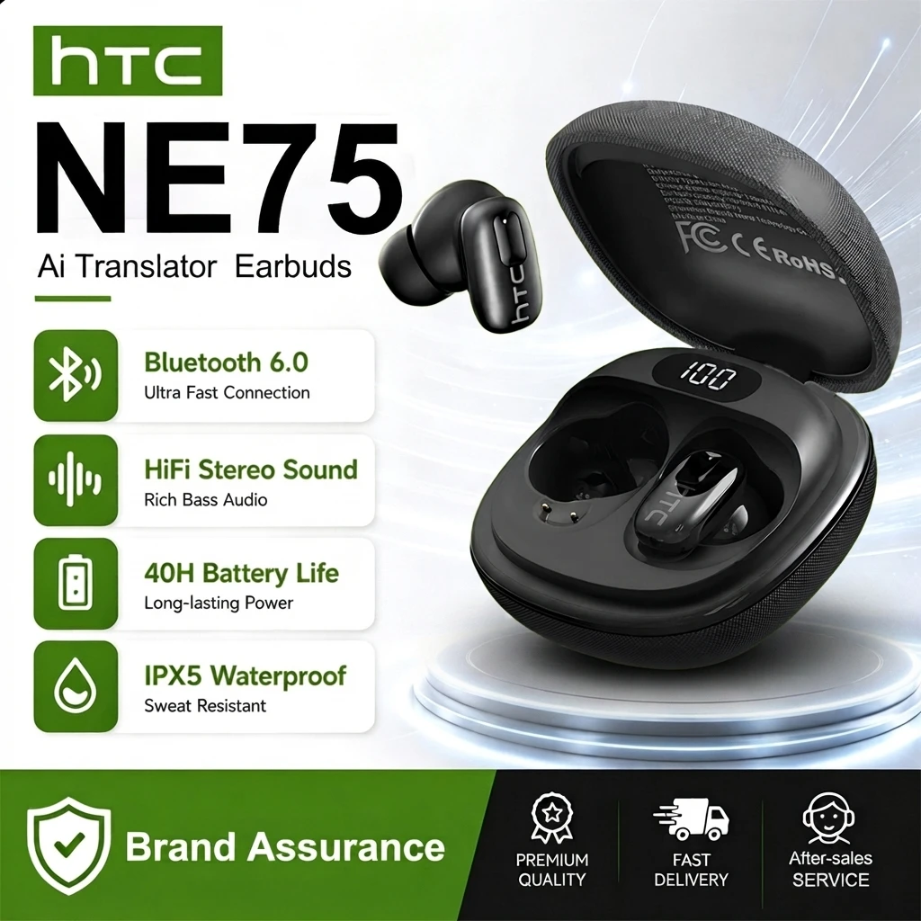 AI Translate Earbuds HTC NE75 Noise Reduction In Ear Wireless Earphone Bluetooth Compatible With Phone Laptop Computer Headphone