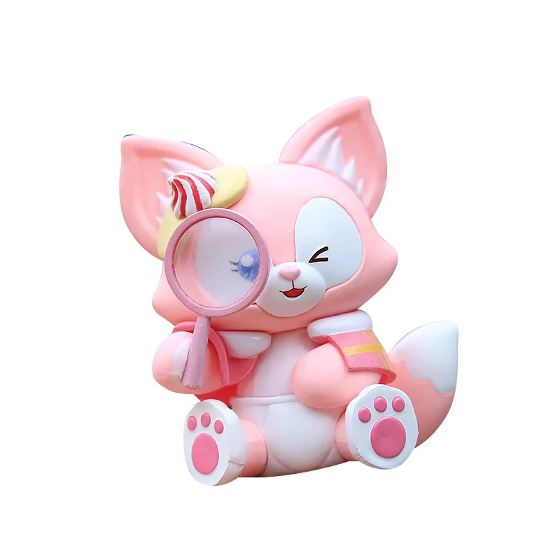 Q-version anime pink fox doll cute and silly foodie, little fox trendy toy figurine ornament for kids or friends gifts