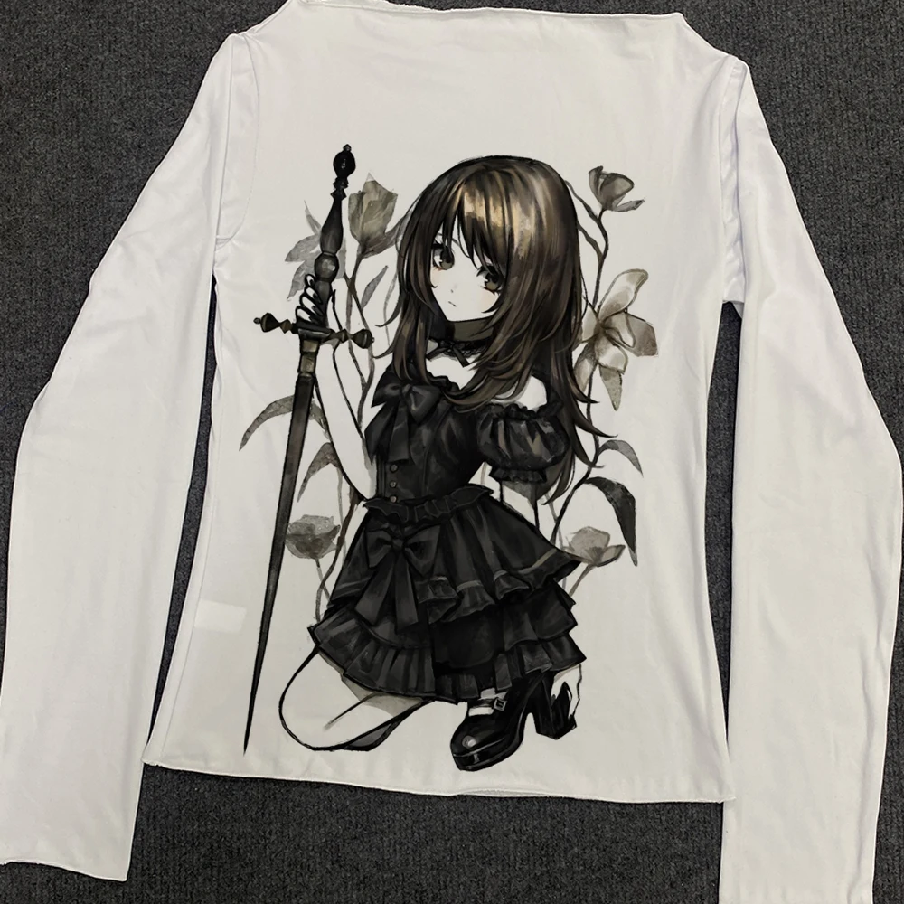 ملابس علوية مطبوعة فاسق Y2k تي شيرت بناتي بأكمام طويلة ملابس خروج نسائية قوطية بأكمام طويلة تي شيرت Harajuku Fairy 2000s #3