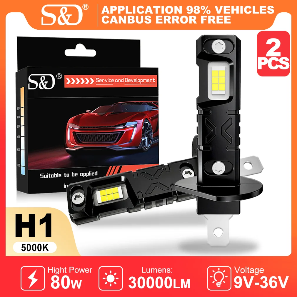 S&D H1 LED Headlight Bulbd 30000LM 80W High Power Auto Fog Lamp 5000K 9-36V Led Lights for Car CANBUS Driving Running Lamps
