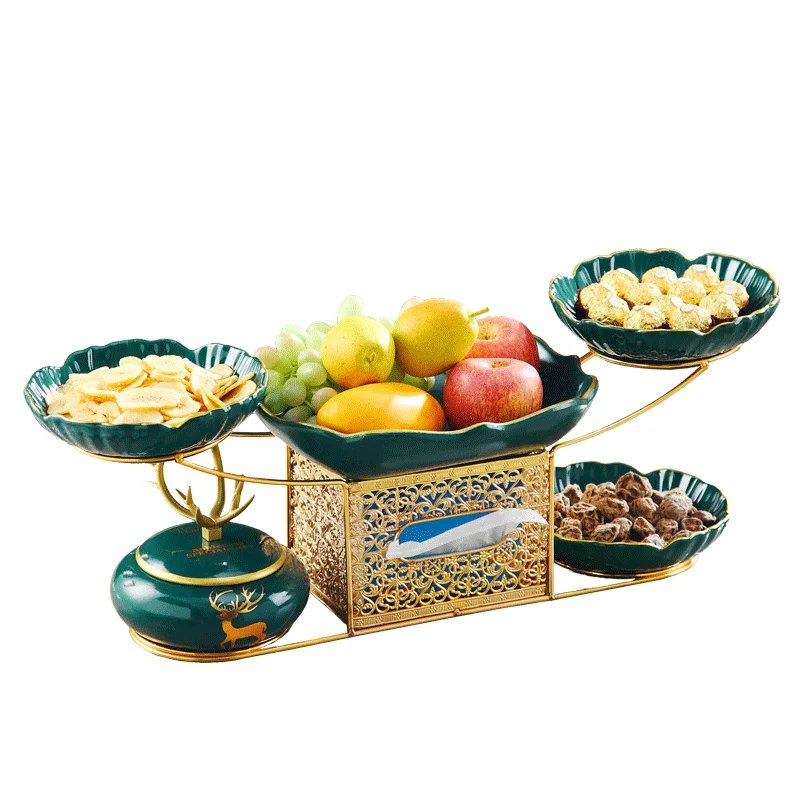 Deluxe Serving Tray Set With 5 Movable Ceramic Fruit Bowls Gold Stand and Tissue Box Creative Fruit Plate Tissue Box Decoration