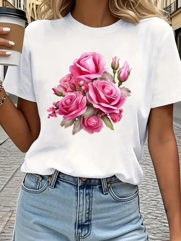 

Lovely Flower Trend Cute Print Casual T Short Sleeve Clothing Ladies Popular O-neck Fashion Clothes Tees Women Graphic T-shirts