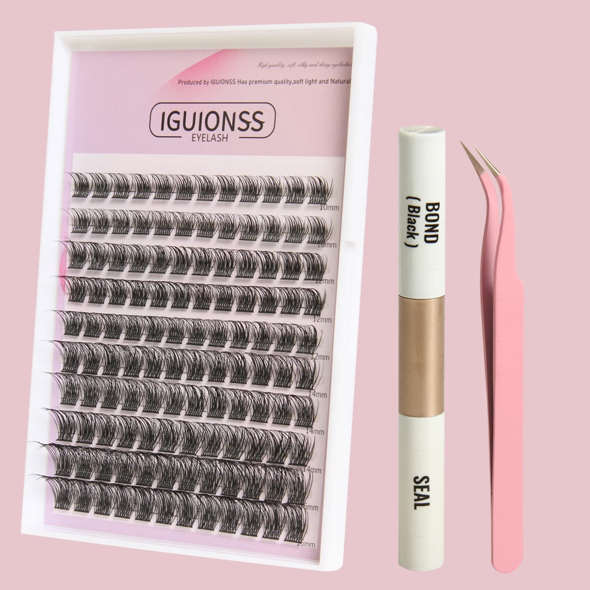 IGUIONSS Lash Extension Kit 240pcs Lash Clusters IG03 Curl DIY 10-16mm with Lash Bond and Seal Lash Tweezers