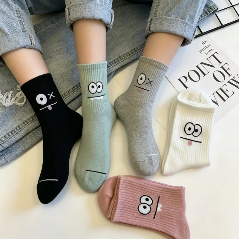 5 Pairs Cute Expression Print Socks Comfy Funny Mid Calf Crew Mid Tube All Match Womens Daily Casual Street Fashion Soft Socks