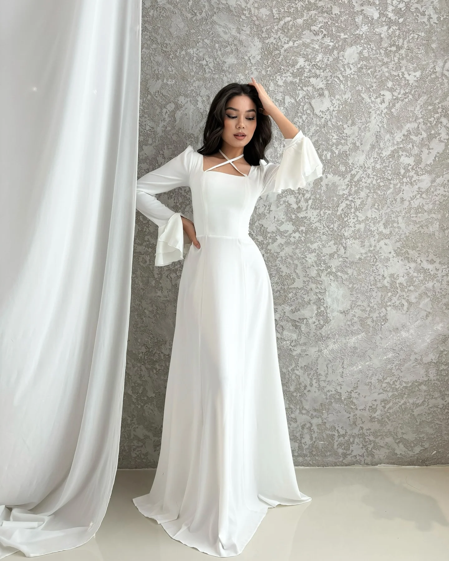 

Fimora Elegant Square Neck Prom Gown Womens White Simple Long Sleeves Prom Dress Floor Length Formal Occasion Dresses Customized