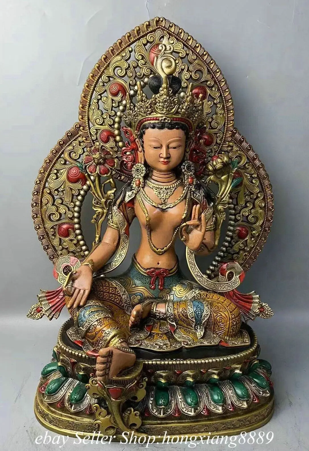 

20" Old Tibet Copper Gilt Painting Seat lotus Green Tara Goddess Buddha Statue