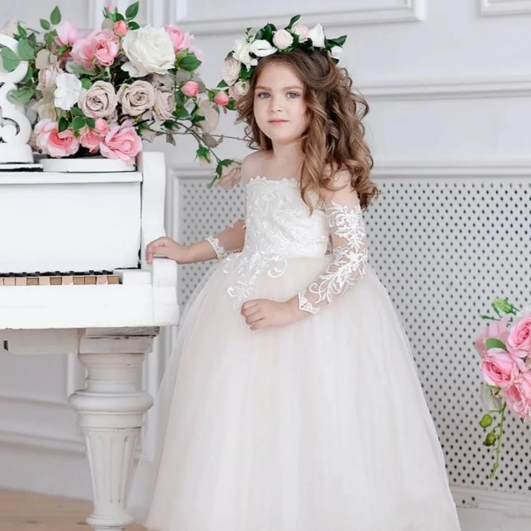 BABYONLINE Vintage Princess Lace Floral Bodice Tulle Flower Girls Dress for Kid Child Wedding Party Junior Bridesmaid Ball Gown