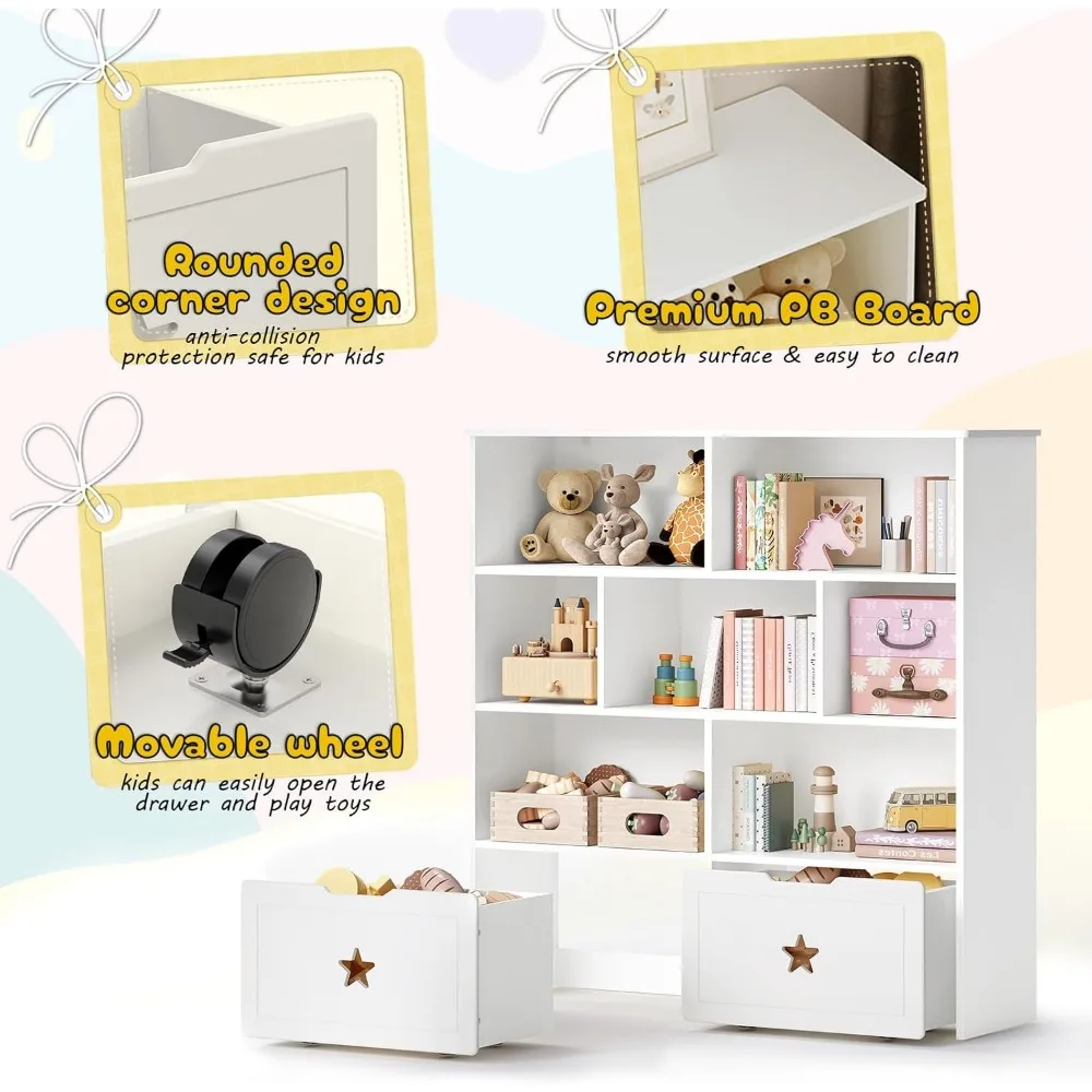 Organizer na zabawki, duży regał na książki dla dzieci i schowek na zabawki z 2 ruchomymi szufladami i 7 przegródkami, skrzynia na zabawki dla dziewczynek.