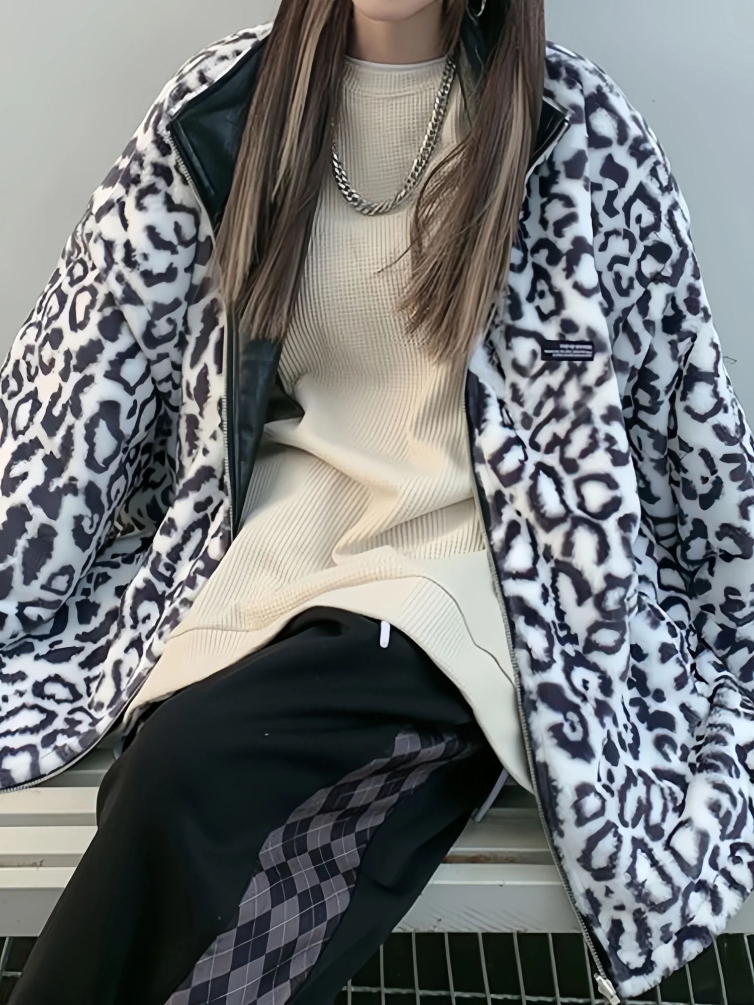 2025 패션 레오파드 자켓 느슨한 편안한 긴 소매 양면 착용 지퍼 자켓 코트 여성 가을 ​​겨울 의류