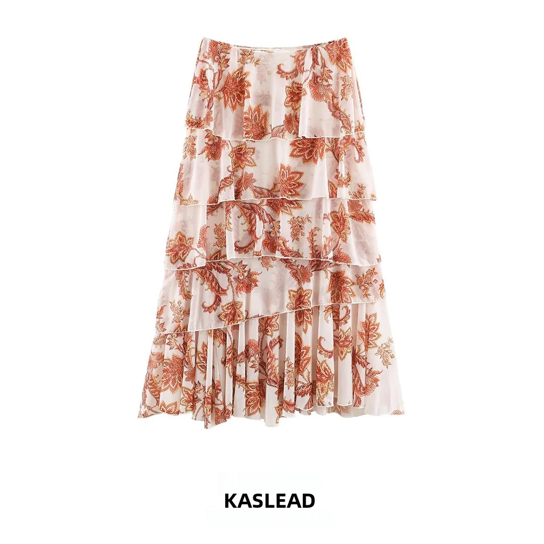 KASLEAD New Women's Fashion High-End Printed Layered Decoration Skirt Cake Style Standard Version Polyester Fiber Printed