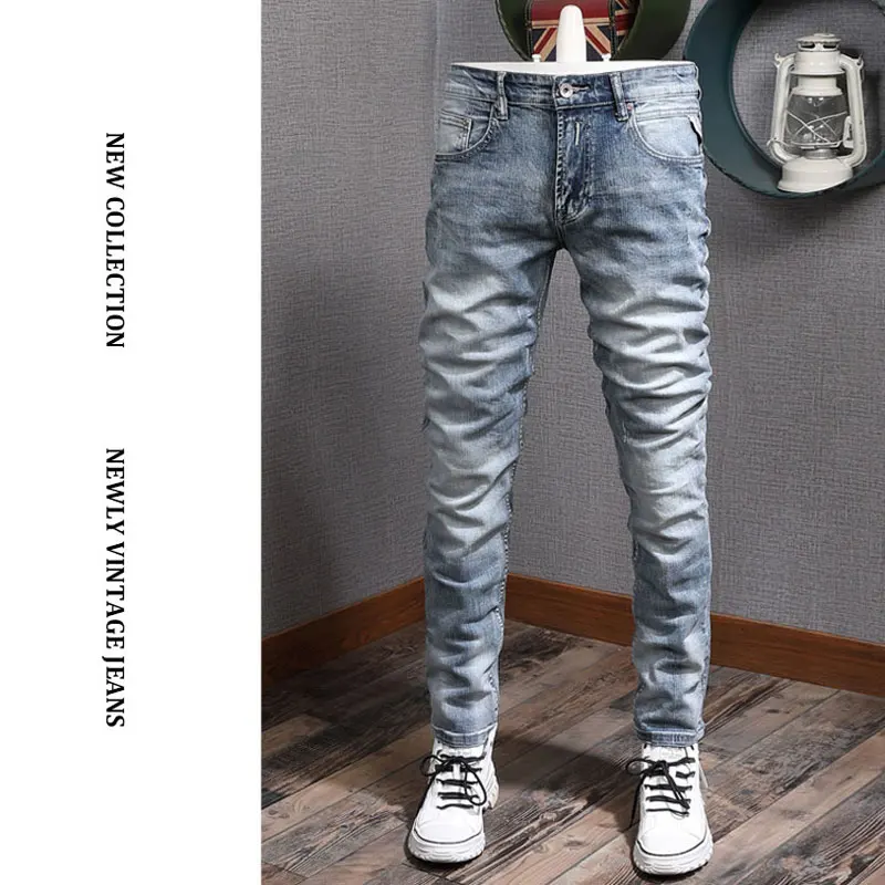 Fashion Designer Men Jeans Retro Washed Light Blue Elastic Stretch Slim Fit Ripped Jeans Men Trousers Vintage Denim Pants Hombre