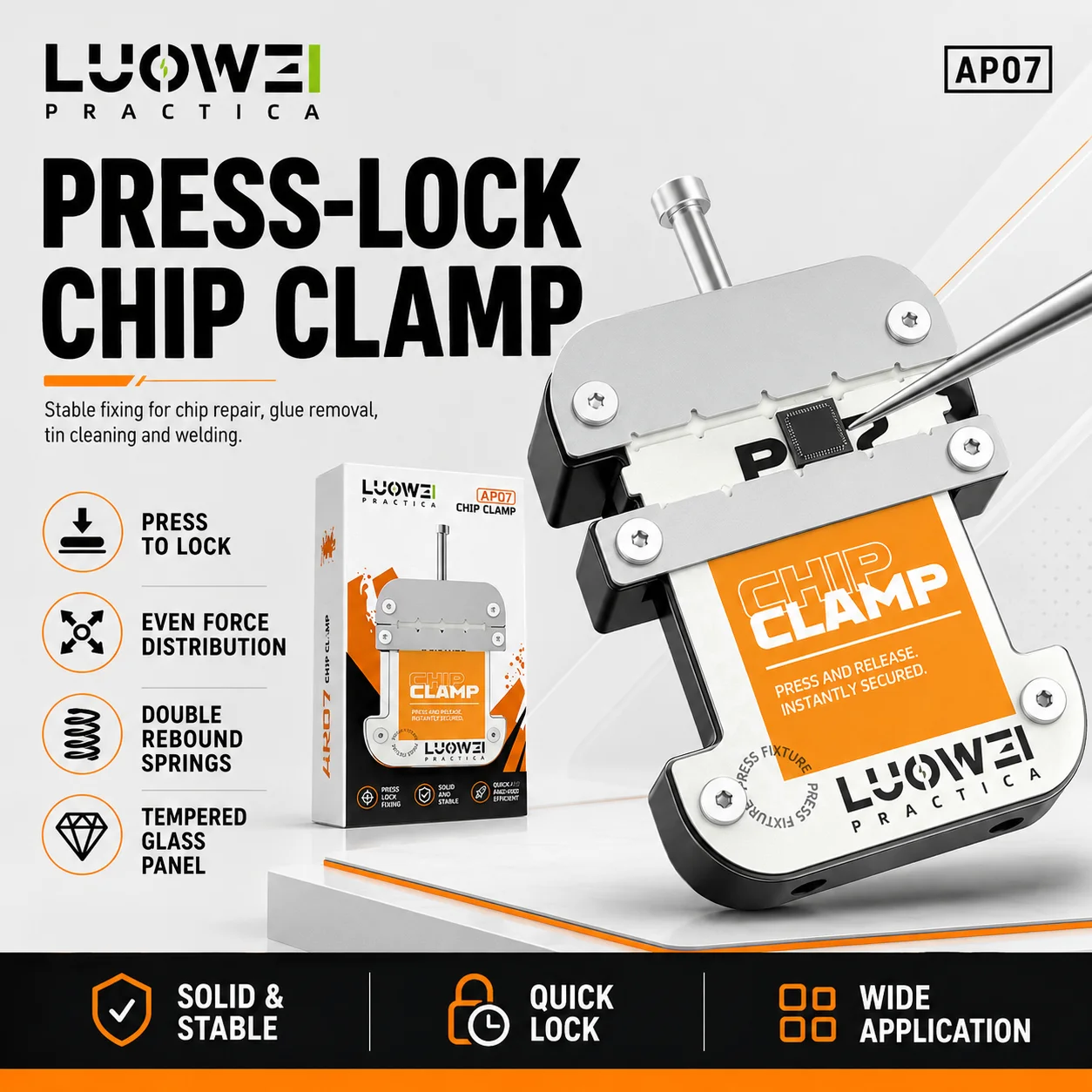 

LUOWEI LW-AP07 Press Lock Chip Clamp Fixture Aluminum Alloy IC CPU Holder for Glue Removal Tin Cleaning Soldering Welding Repair